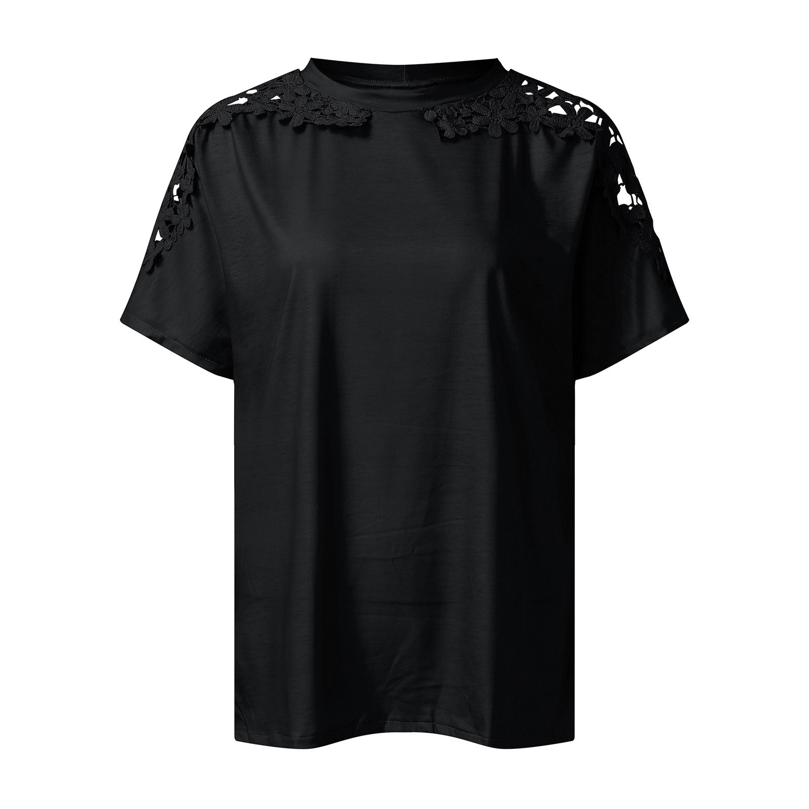 thumbnail image 4 of Top de manga corta de encaje y croché para mujer - Blusa informal de cuello redondo, poliéster, diseño con hombros al aire, corte holgado, ropa de primavera/verano, tallas S-XXL, contorno de pecho, 4 of 6
